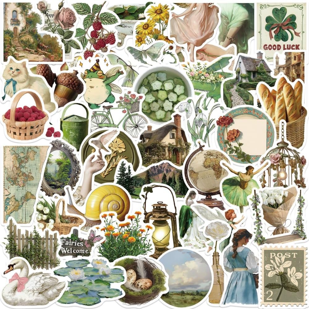 50PCS Green Vintage Stickers,Aesthetic Cottagecore Decor,Teens Adults Retro Gifts,Waterproof Vinyl Stickers for Water Bottle,Laptop,Phone Case,