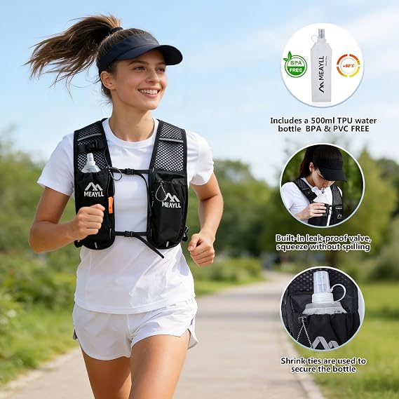 Running Vest Women & Men, Hydration Vest with 500ml TPU Water Bottle, Lightweight Comfortable Running Backpack, 7L Capacity Fits 2L Bladder for Trail Running Cycling Hiking Marathons