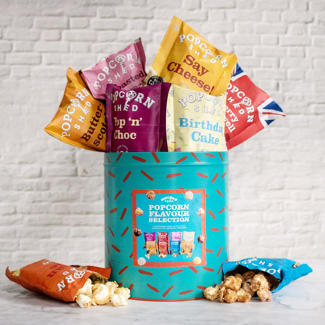 Popcorn Shed Gourmet Popcorn Selection Gift Tin, 8 Popcorn Flavours in Portion Sized Snack Packs, Ultimate Foodie Gift for Snack Lovers