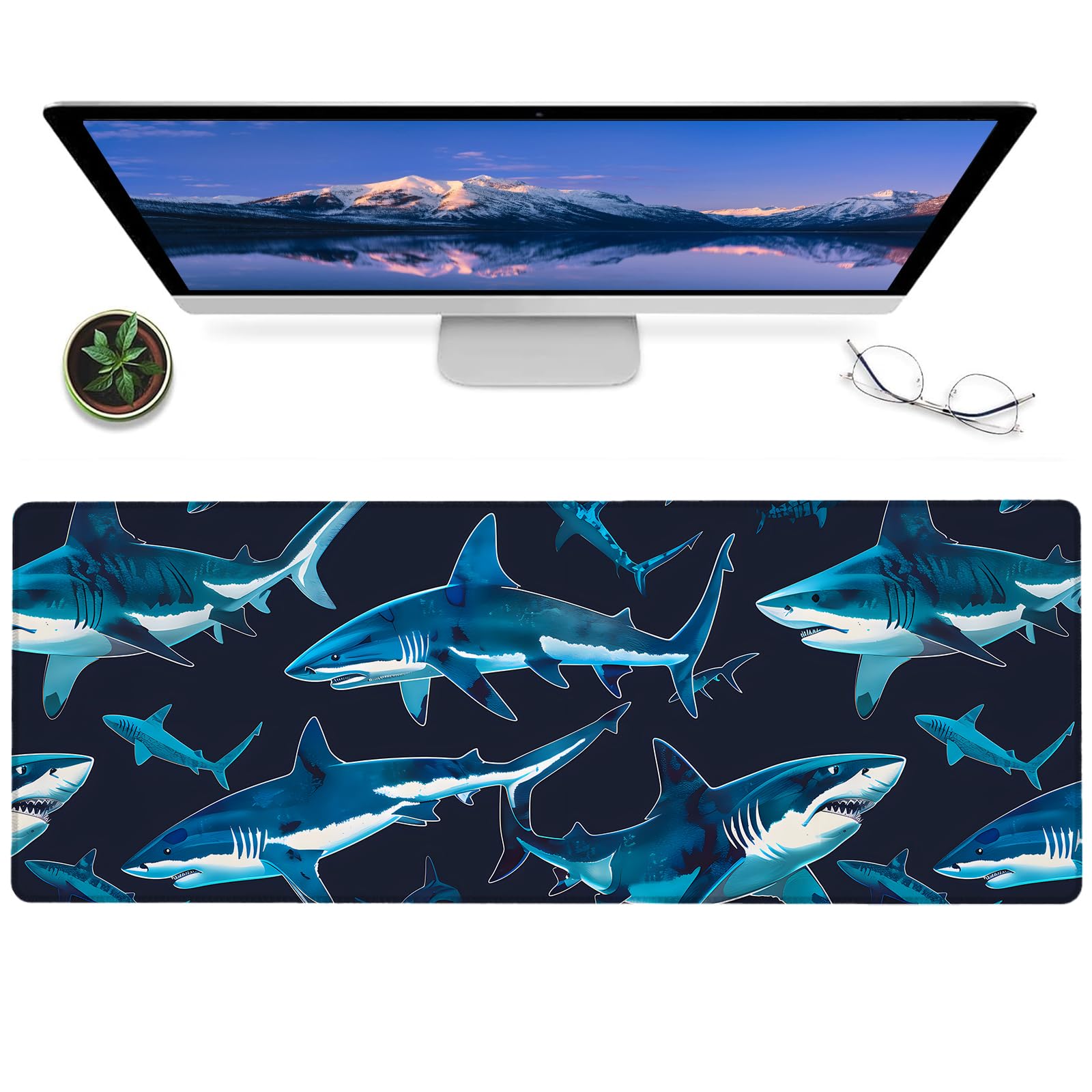 ainori Shark Attack Gaming Mouse Pad – 12x31.5in Non-Slip Rubber Desk Mat with Bold Ocean Predator Design – Large Extended Mousepad for Office Home –