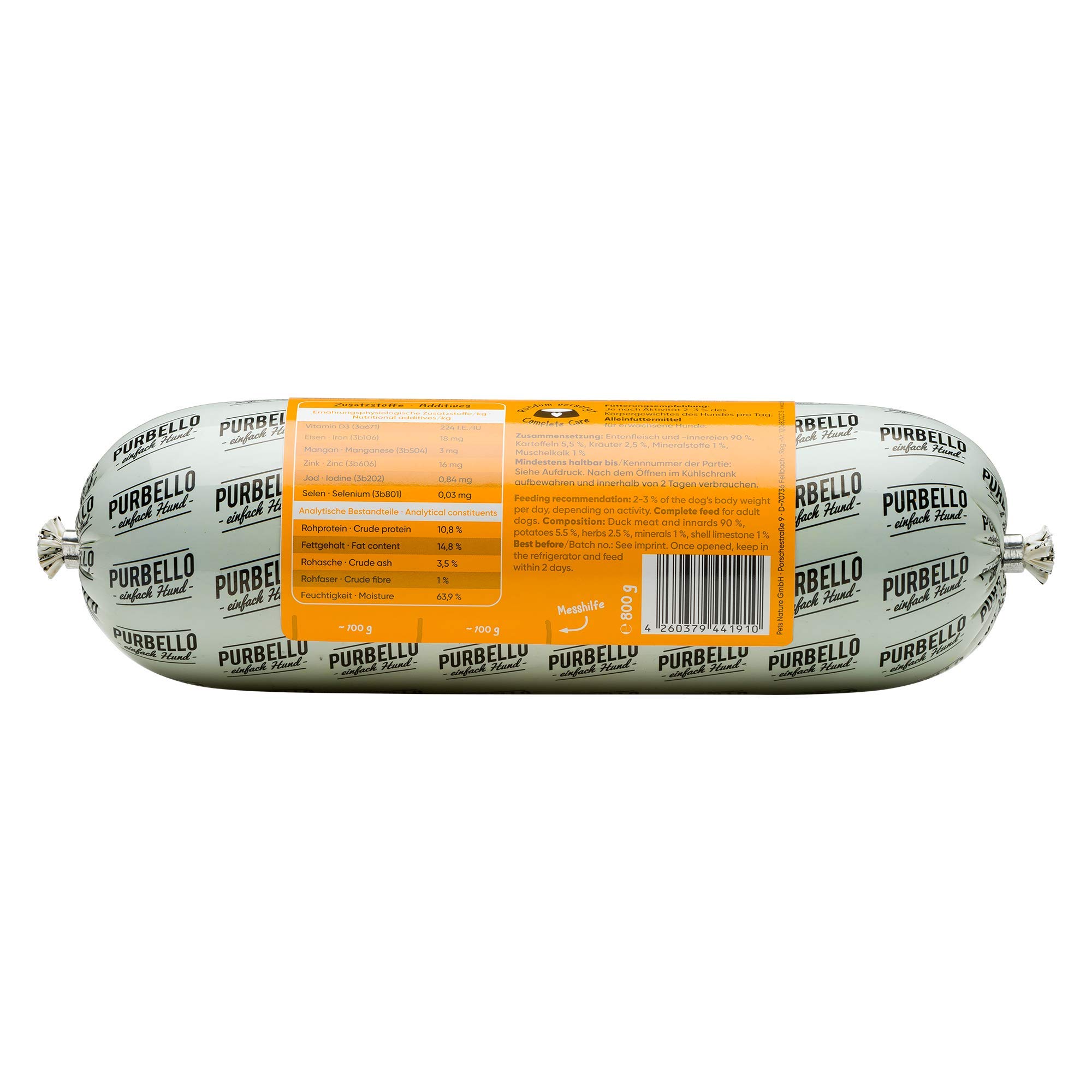 PURBELLO Hunde-Rolle Ente mit Kartoffel & Kräutern - Monoprotein Hundefutter mit hohem Fleischanteil - Nassfutter für Hunde - Hundewurst schnittfest & getreidefrei - 8 x 800 g