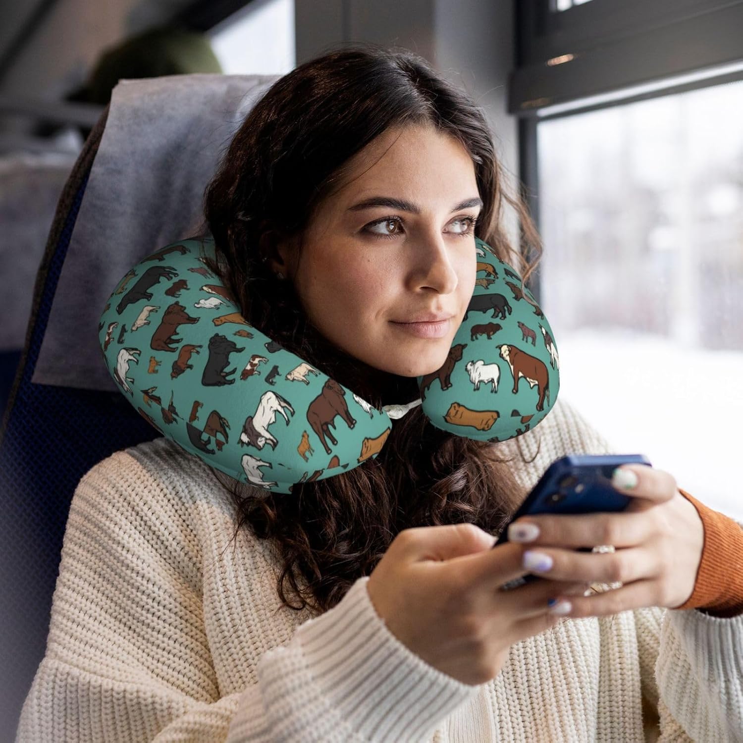 Crazy Bison U Shaped Neck Pillow, Western Memory Foam Travel Pillow, Super Lightweight Checkered Portable Headrest for Airplane Chair, Car, Office (West Farm)