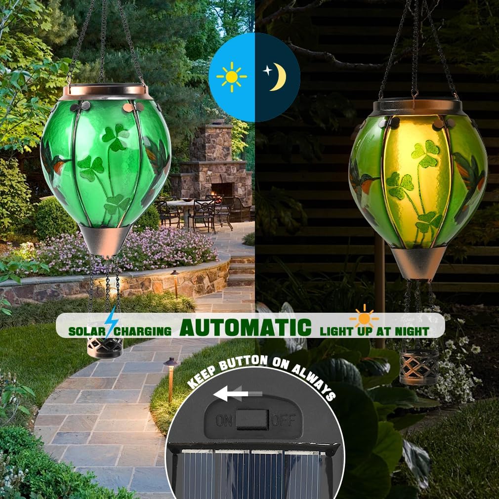 St Patricks Hot Air Balloon Solar Lantern - Patrick's Shamrock Glass Lantern, Simulated Flickering & Dancing Flame, Outdoor Hummingbird Hanging Yard Light for Patio Porch Decor Irish Clover Gift - Image 3