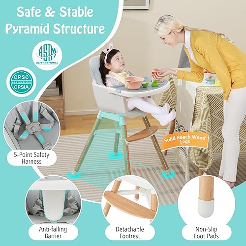 Miniatura 9 de HONEY JOY Silla alta para bebé, silla alta convertible 6 en 1 de madera para bebés y niños pequeños, patas ajustables, bandeja de alimentos