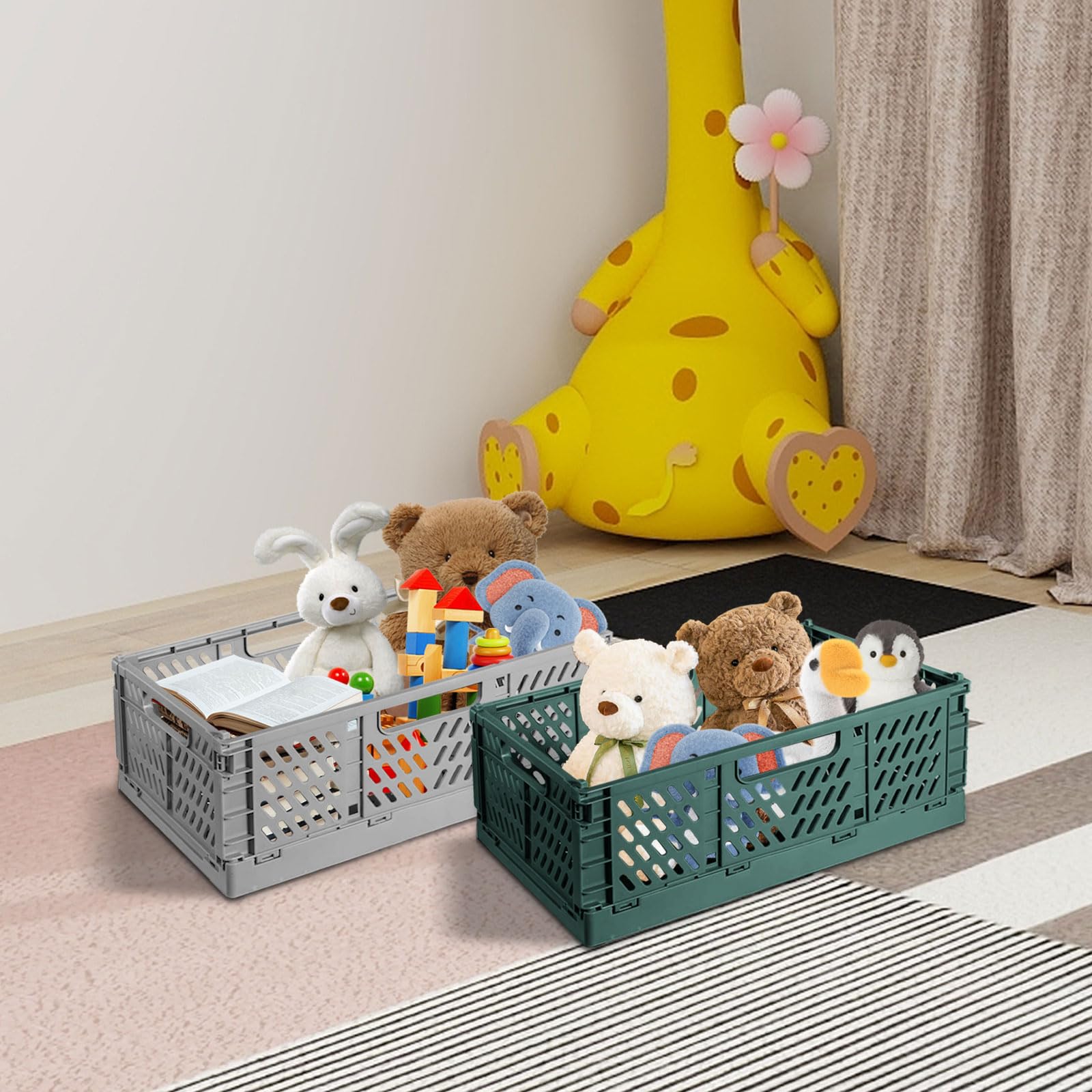Set di 4 scatole pieghevoli in plastica robusta - Contenitore di stoccaggio impilabile - Per l'organizzazione della cucina, della camera da letto, dell'ufficio, del giardino (verde scuro + grigio, 48