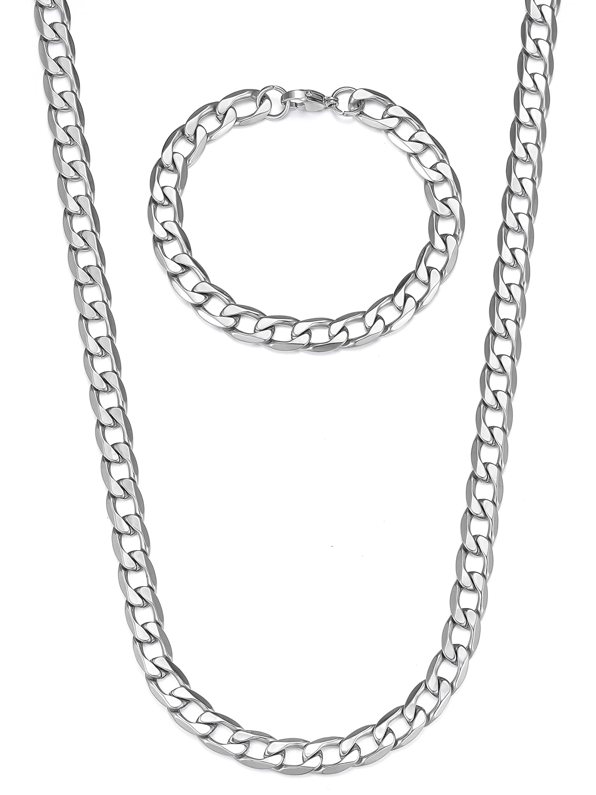 Jewow10 mm wide curb chain, stainless steel necklace and bracelet set for men
