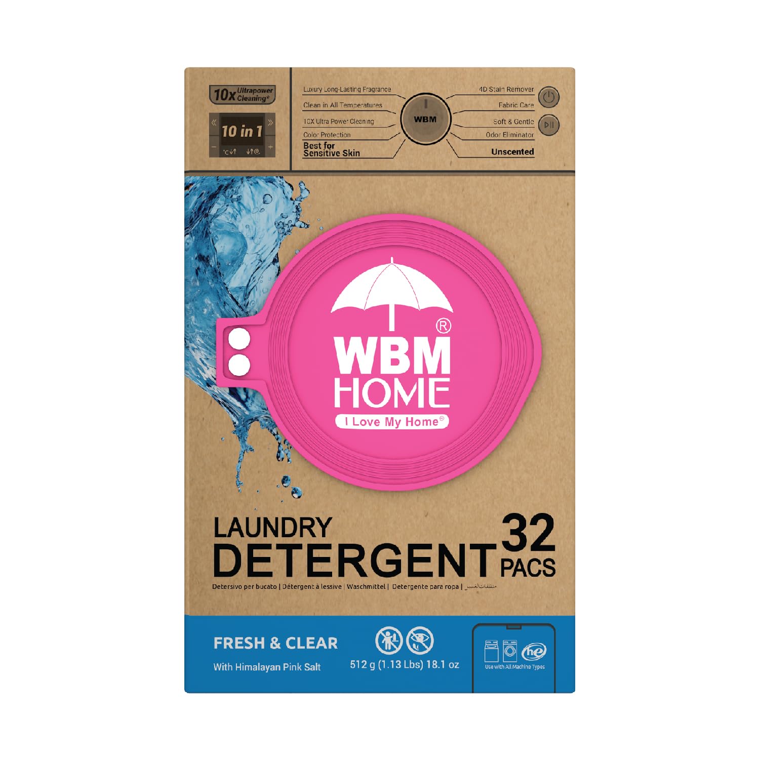 Home Laundry Detergent Pods, 32 Count | Fresh & Clear Unscented | Laundry Pods 10x Ultrapower Cleaning With Color Protection and Eco-Friendly Packaging