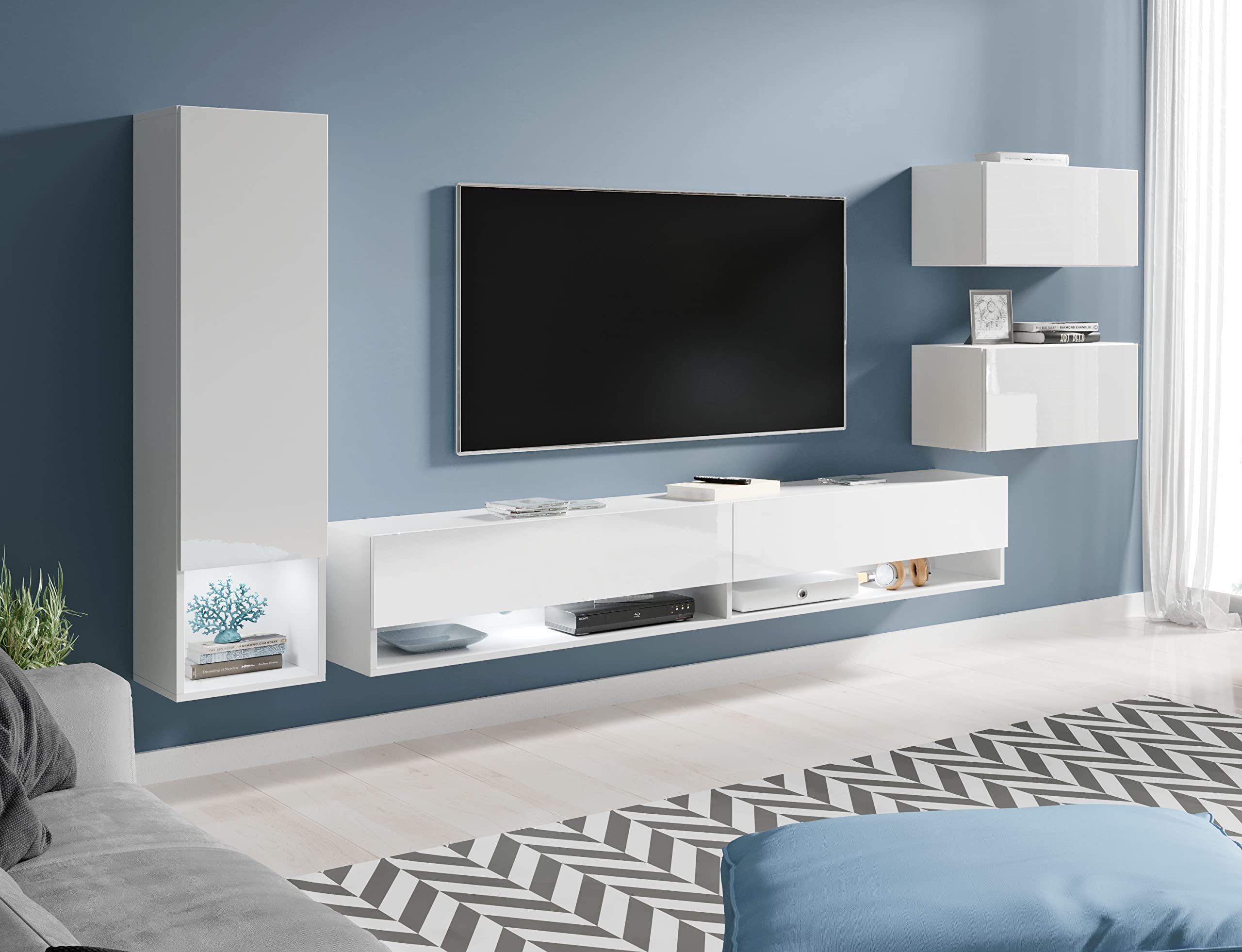 PIASKI Amedeo, ensemble de meubles de salon, éclairage LED en option, ensemble de meubles de séjour, plusieurs couleurs, étagères (blanc brillant, avec éclairage LED)