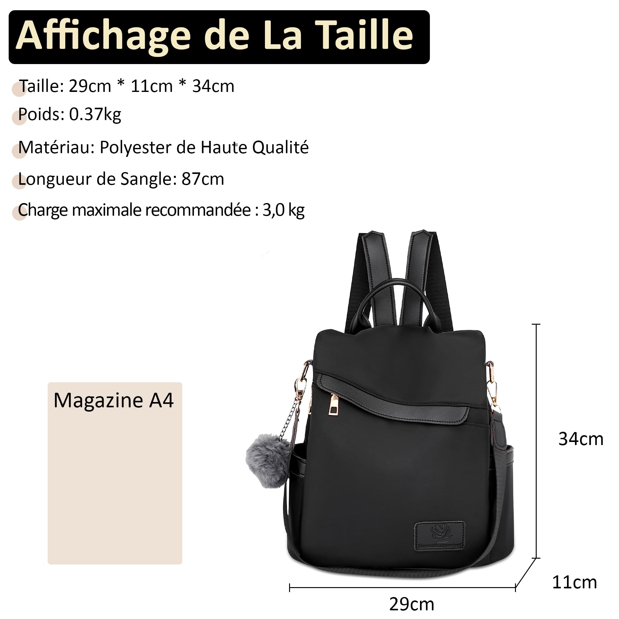 Sacs à Dos Femme Antivol — Sac à Dos Élégant et Léger, Imperméable, Idéal Voyage, Université, Travail et Quotidien Noir
