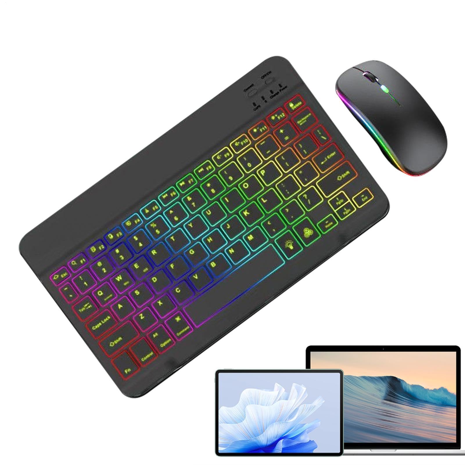 Backlit Wireless Keyboard and Mouse | 7 Color Backlit Keyboard with 2 Light Modes | Portable Keyboard and Mous Set for Tablet, Laptop and PC