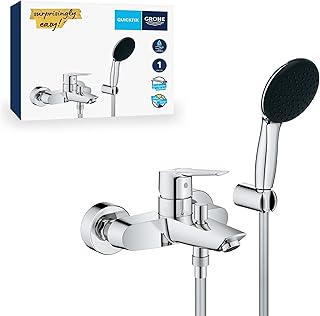 GROHE Start QuickFix – Single Lever Bath Filler Mixer Tap Set (Diverter: Bath/Shower, Round 11cm Hand Shower 1 Spray: Rain, Wall Holder, Shower Hose 1.5m, Water Saving, Wall Mounted), Chrome, 25283002
