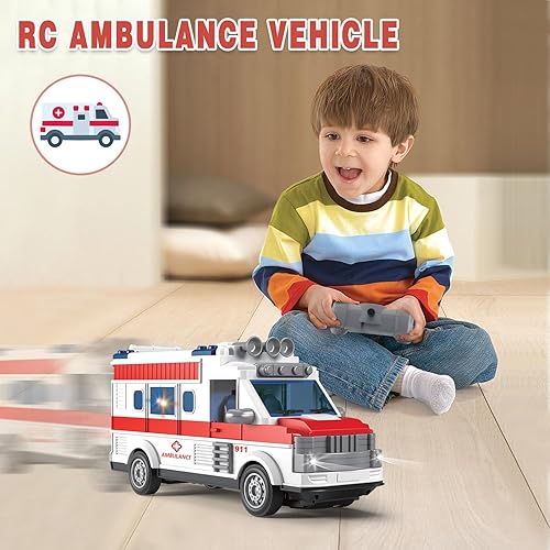 Miniatura 4 de Dollox Ambulancia de control remoto de 130, 2.4G RC Play Ambulancia de juguete de 4 canales, vehículos eléctricos de ambulancia de emergencia con