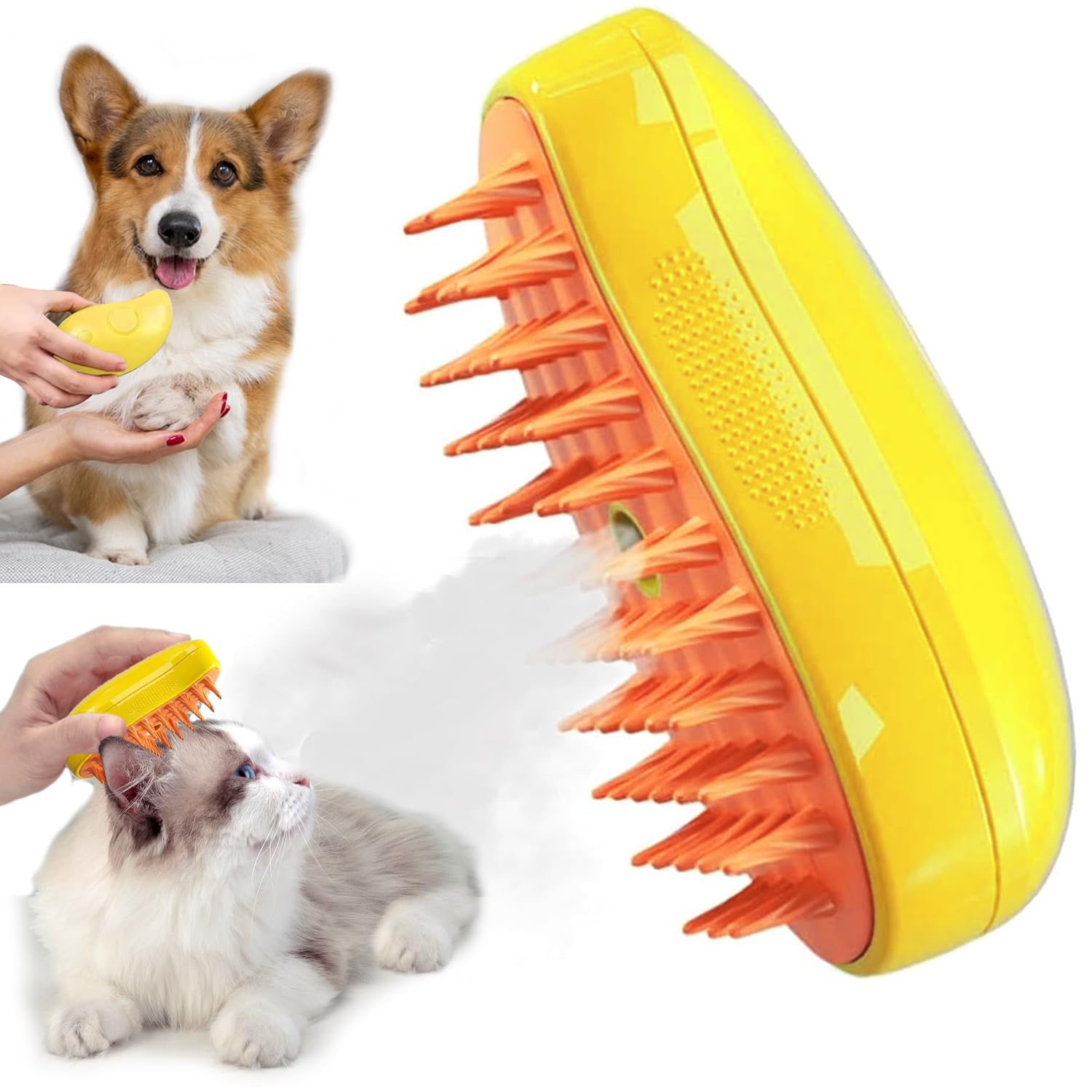 Cepillo de vapor para gatos, Cepillo de Vapor 3 en 1 para Gatos, Cepillo de Vapor para Gatos Perros, 3-en-1 Cat Steamy Brush para Perros de Pelo Largo o Corto Gatos Perros Cepillo de Aseo (amarillo)