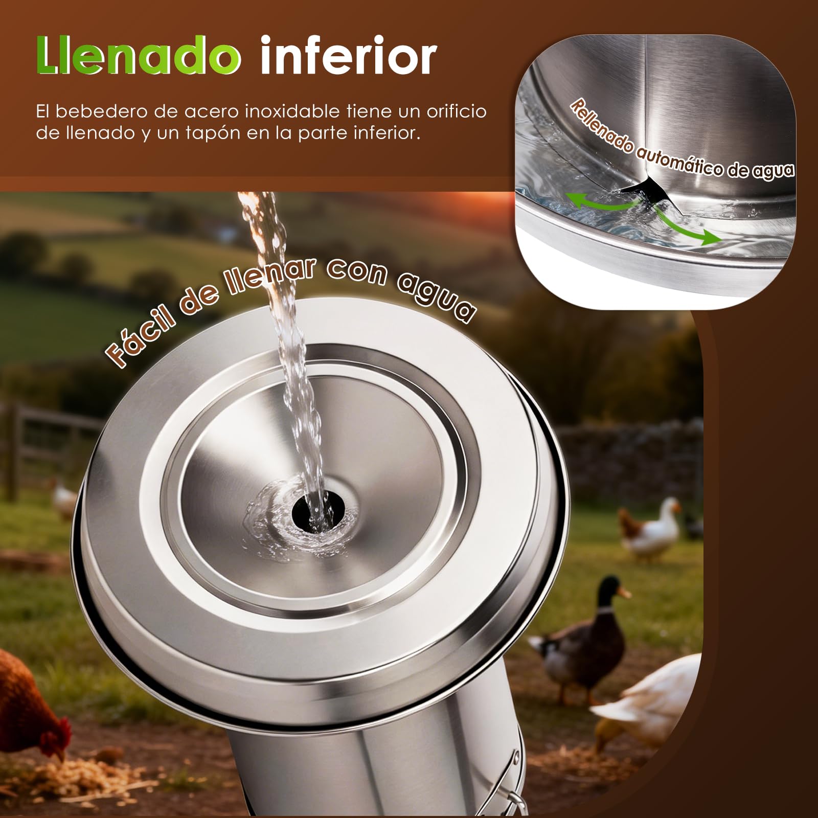 Bebedero para Pollos de Acero Inoxidable 4 litros, dispensador de Agua para Aves con Recarga automática por Gravedad, Fuente de Agua para Colgar o Colocar en el Suelo, Ideal para Patos, Palomas