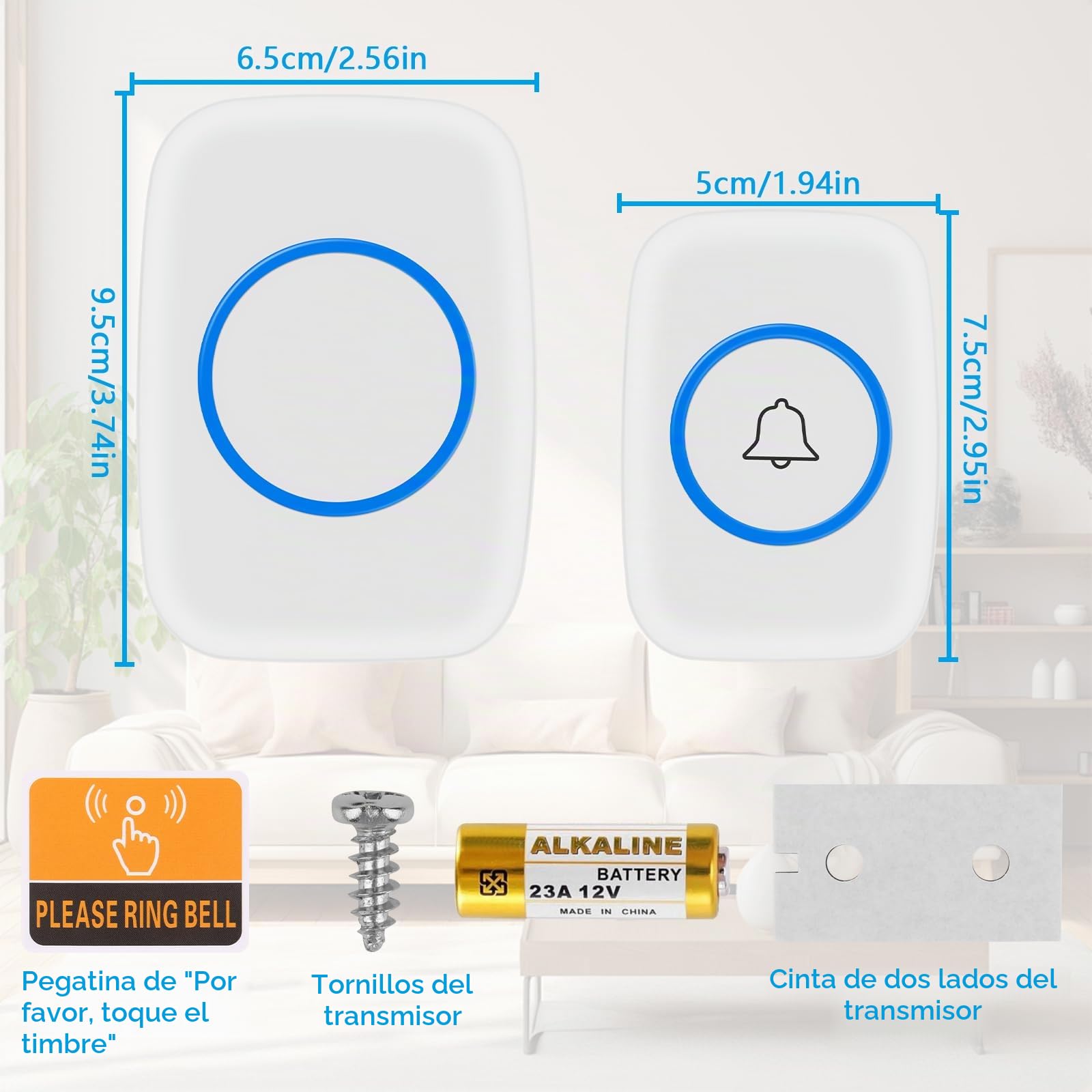VFANDV Timbre Inalámbrico Exterior Impermeable, IP44 Impermeable Doorbell 300M, Kit de Timbre Inalambrico, 5 Niveles de Volumen y 60 Melodías, Indicador LED para Hogar, Salón, Oficina (Blanco)