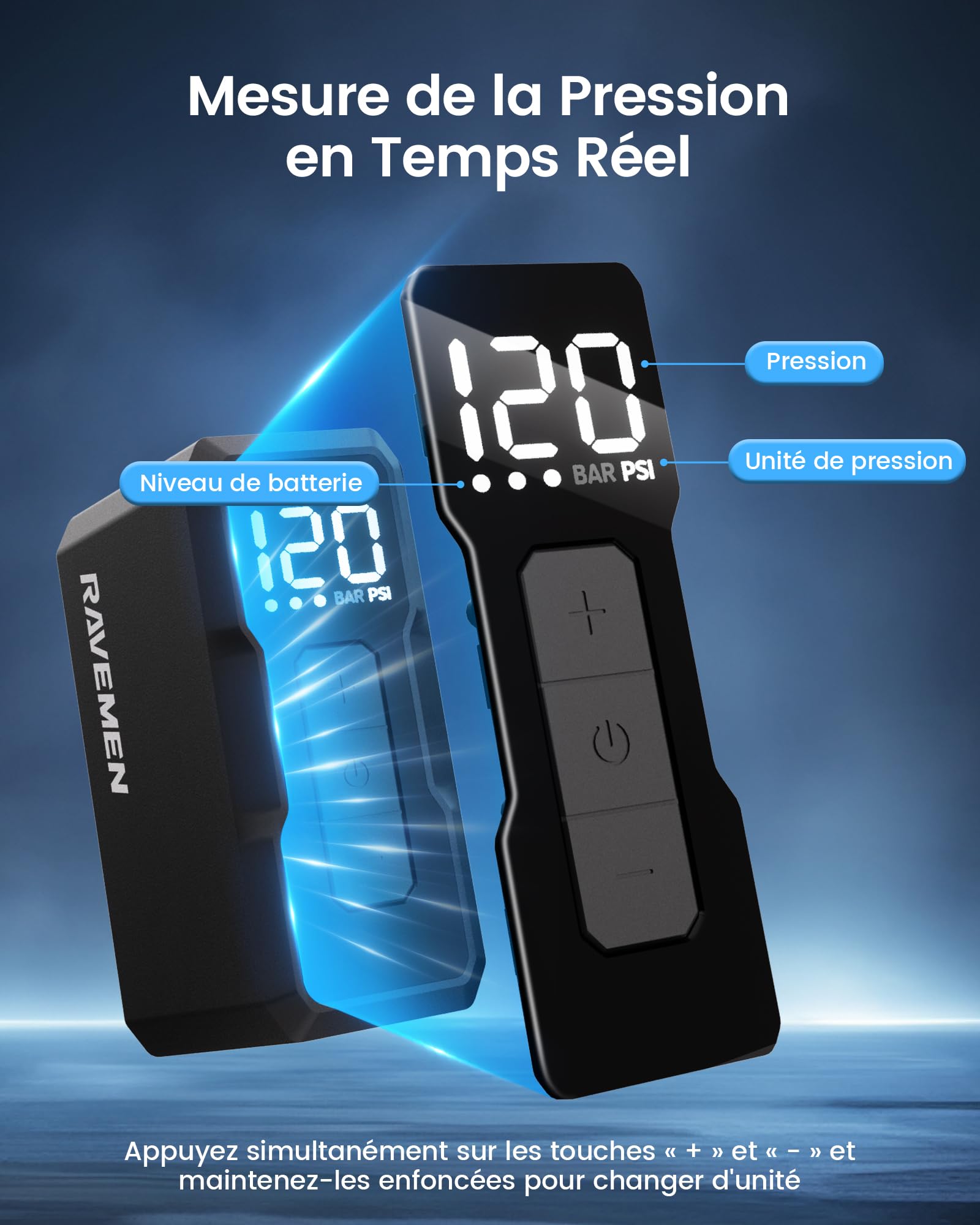 RAVEMEN EP01 Mini Pompe à Vélo électrique, Pression Max 120 PSI Pompe à Pneus de Vélo électrique Portable, avec indicateur de Pression et arrêt Automatique Compatible avec Presta & Schrader valves