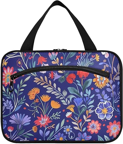 Bolsa de aseo floral vintage azul colgante para mujer con gancho, bolsa plegable de diseñador para artículos de aseo personal para mujer, bolso de