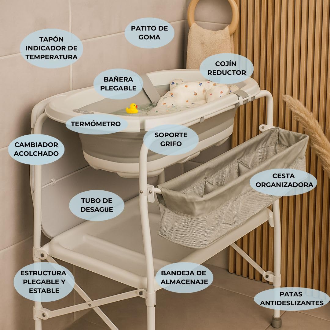 BATHBY Bañera Bebé con Patas Multifuncional 6 en 1: Plegable con Soporte, con Termómetro, Cojín Reductor, Cambiador, Bandeja y Cesta Organizadoras, Desagüe con Tubo y Soporte para Ducha, (Gris Pro)