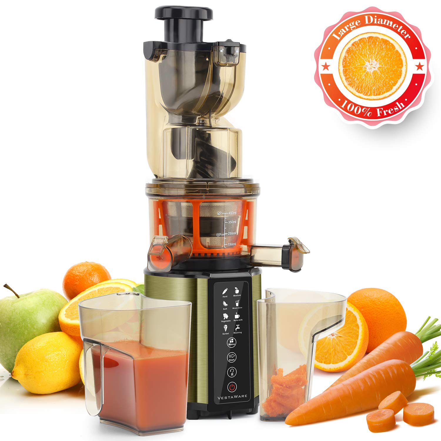 Masticating Juicer, Vestaware Slow Juicer Machines Large Chute Cold Press Juicer with Quiet Motor & Reverse Function, Easy Clean BPA-Free Juice Extractor with Recipes for Fruits and Vegetables,Silver