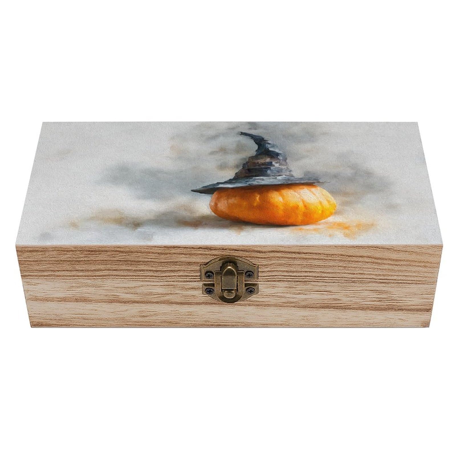 Ahdyr Pumpkin Wearing A Witch Hat Wooden Storage Box with Hinged Lid And Front Clasp Large Keepsake Box