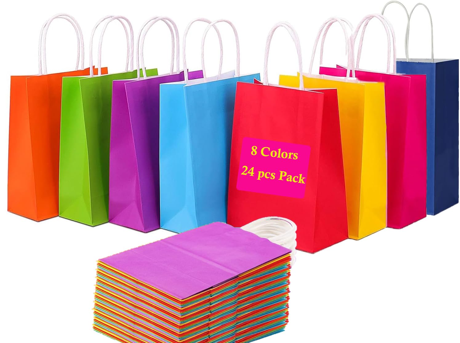 Gift Bags, Party Bags 24 pcs, Kraft Paper Bags 22x16x8 cm, Eco-friendly Paper Bags for Kids, Birthday, Wedding, Party Supplies, Rainbow Kraft Paper Goodie Bags, Multi Color Party Favor Bags