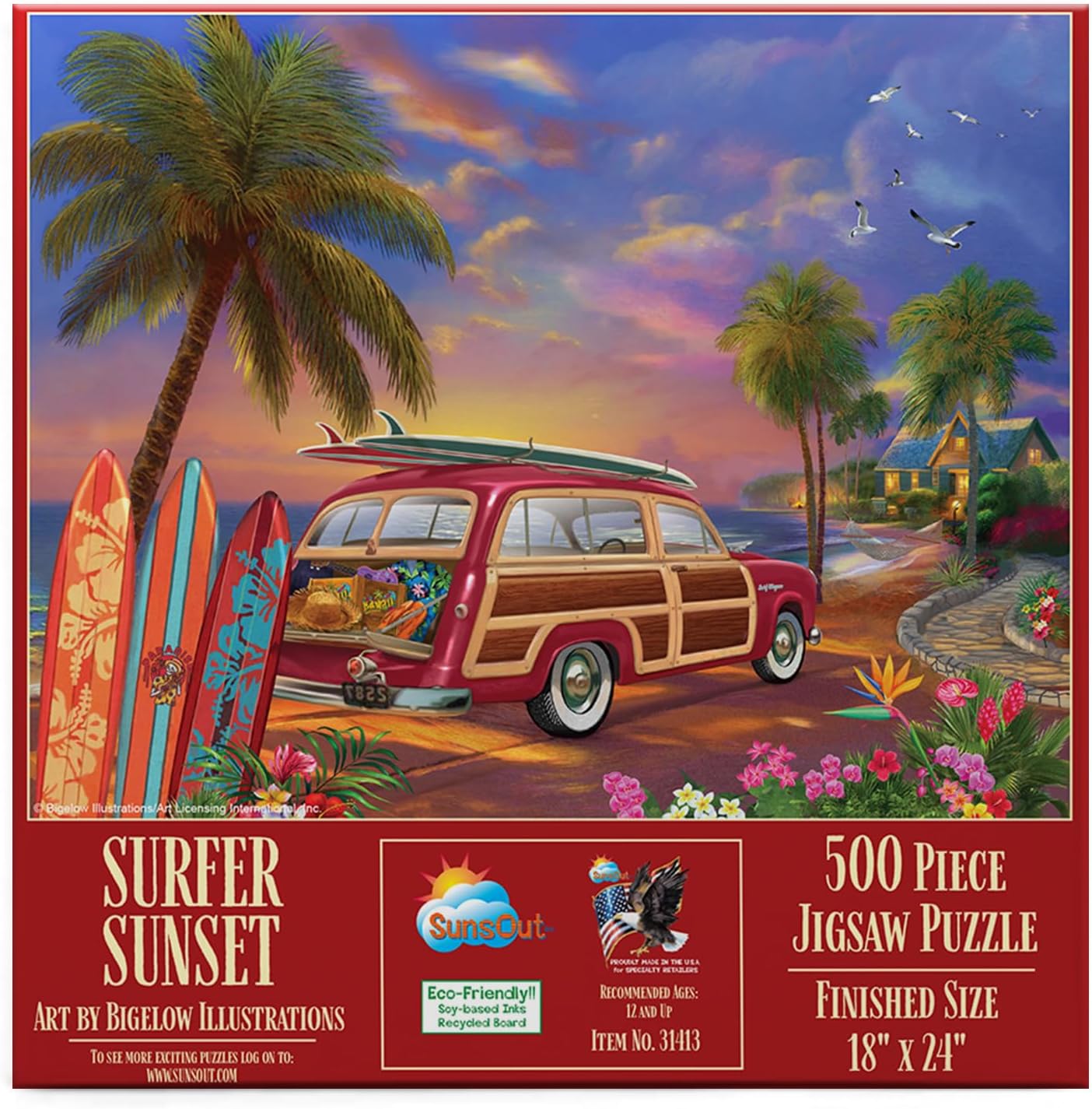 SUNSOUT INC - Surfer Sunset - 500 pc Jigsaw Puzzle by Artist: Bigelow Illustrations - MPN # 31413