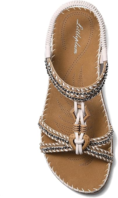 Littleplum Womens Sandals Arch Support Summer Flat Slides Ankle Elastic Walking Shoes Braided Beach Dressy Sandals for Women