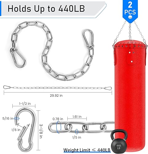 Miniatura 2 de Paquete de 2 cadenas resistentes de 30 pulgadas, cadena colgante de acero de 15 pulgadas de grosor con broche de resorte, extensor de cadena fácil