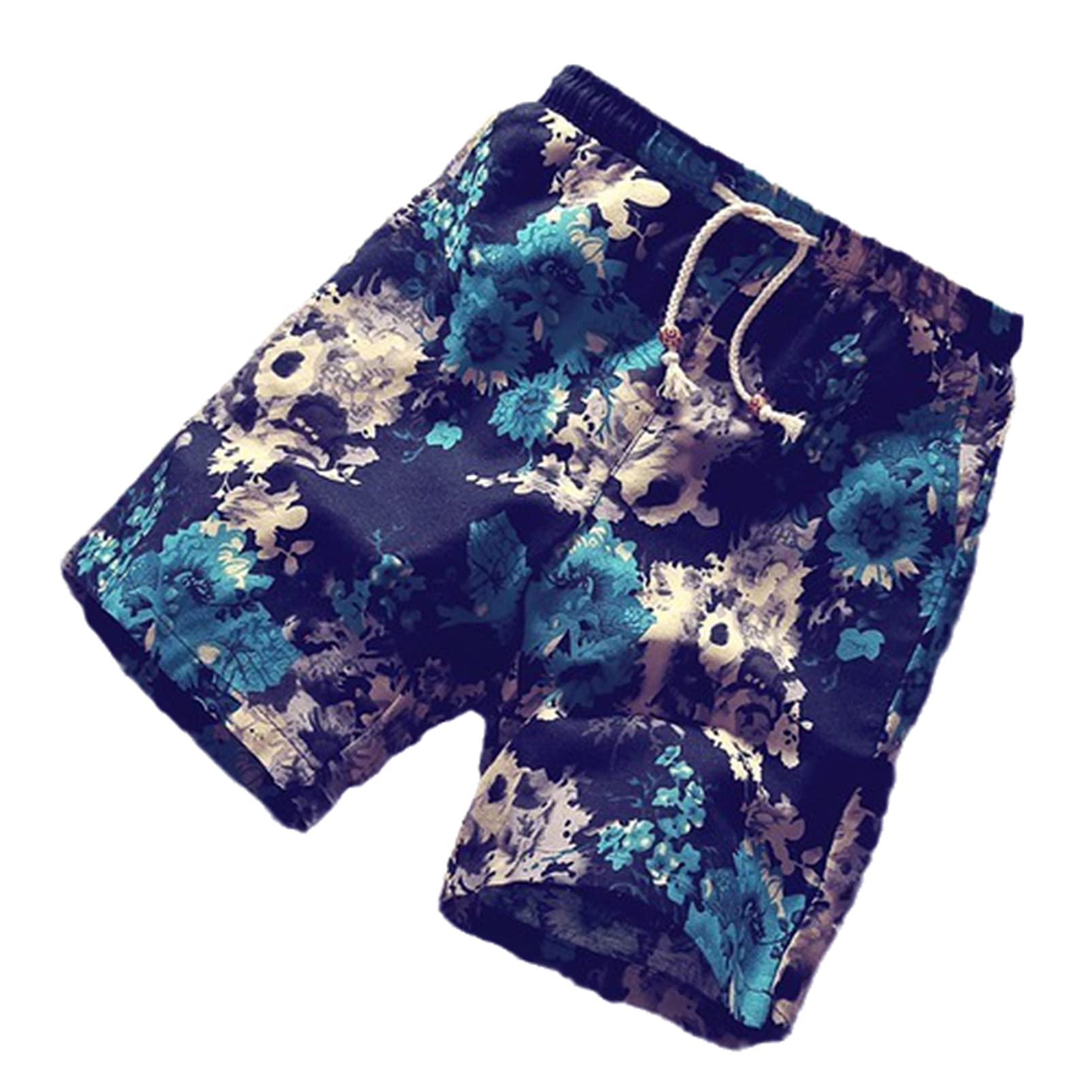 Kuendrem Summer Flower Cotton Linen Men's Casual Comfortable Breathable Leisure Beach Shorts