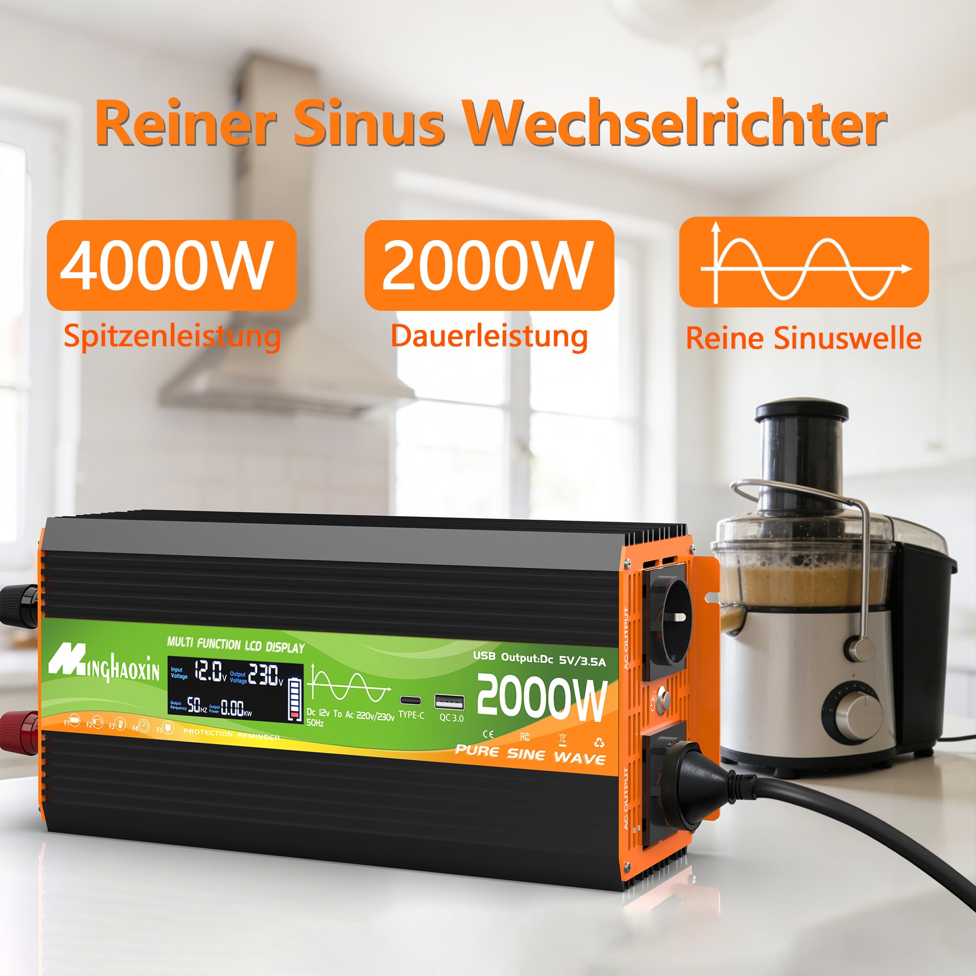 Wechselrichter 2000W Spannungswandler 12V 230V Reiner Sinus Inverter Konverter mit LCD-Display, USB-C-Anschluss und Kupferdraht 2 EU Steckdose für Solar,Fahrzeuge,Wohnmobil(Spitzenleistung 4000 Watt)