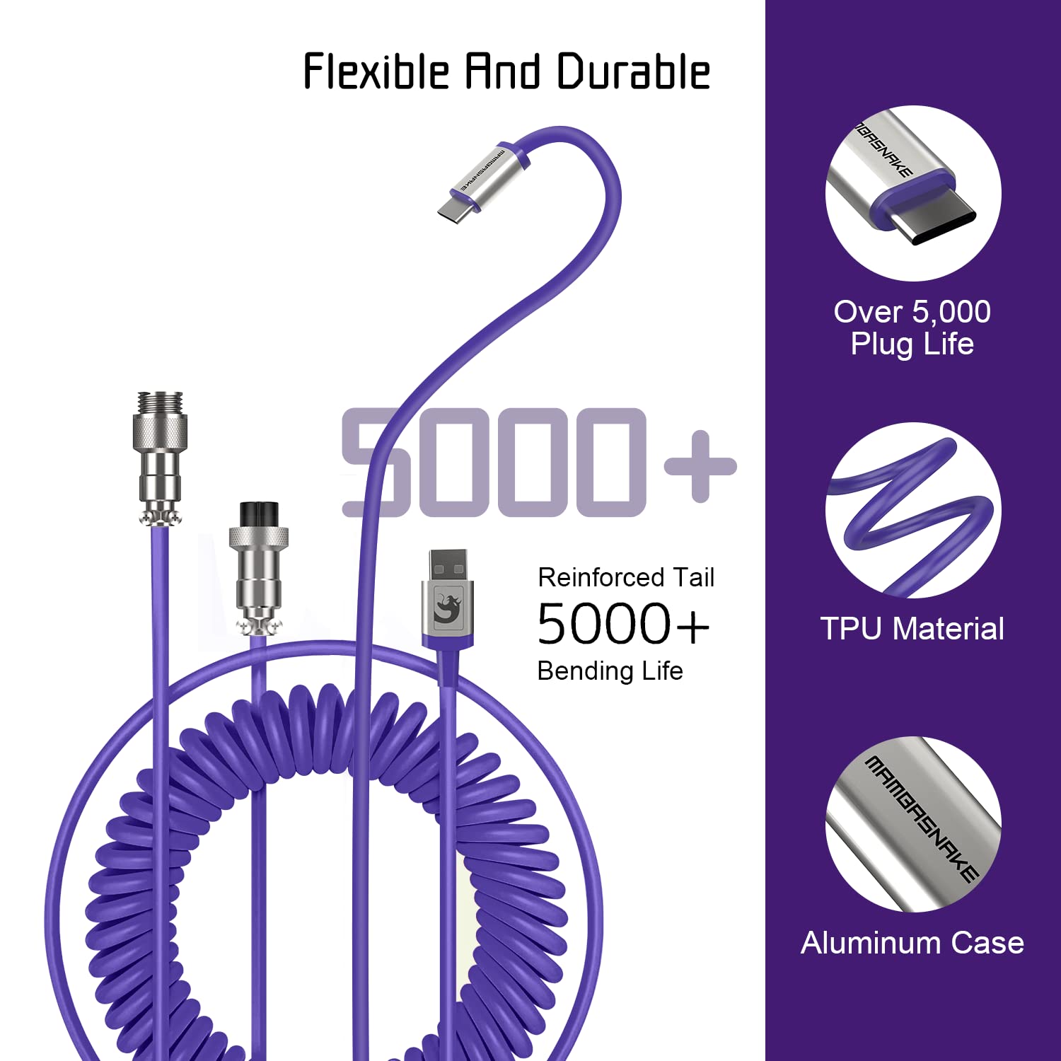 ZIYOU LANG Custom Coiled USB C to A Cable and Winder With Detachable Extendable Double Sleeve Spiral Metal Aviator for PlayStation Xbox Keyboard USB Flash Drive Printer (Purple)
