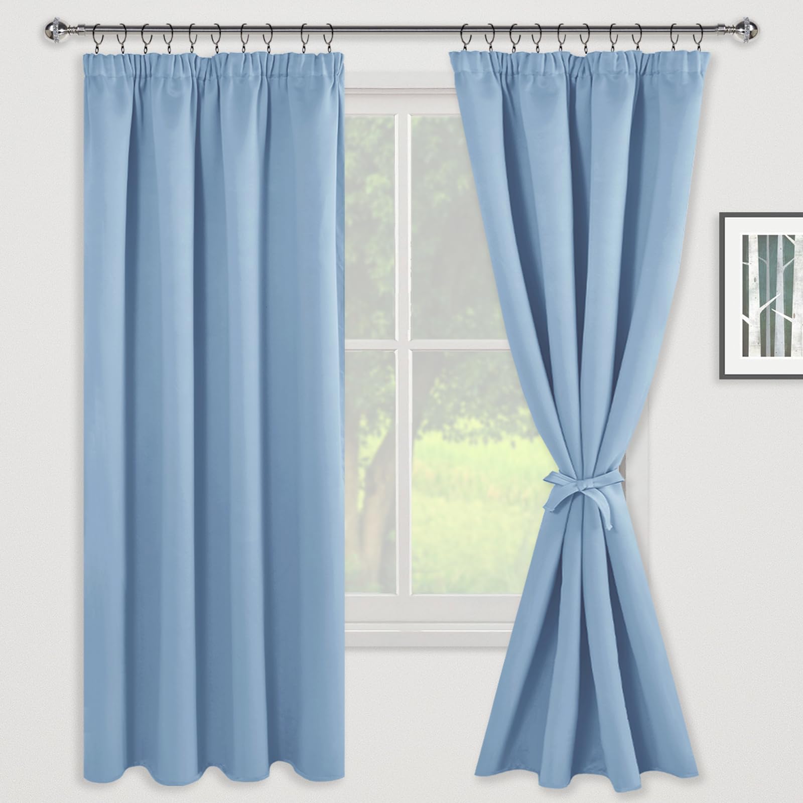 JIUZHEN Opaque Curtains with Ruffle Tape, Blackout Curtains, Living Room Curtains, Bedroom, Thermal Curtain, Light Blue - Image 2