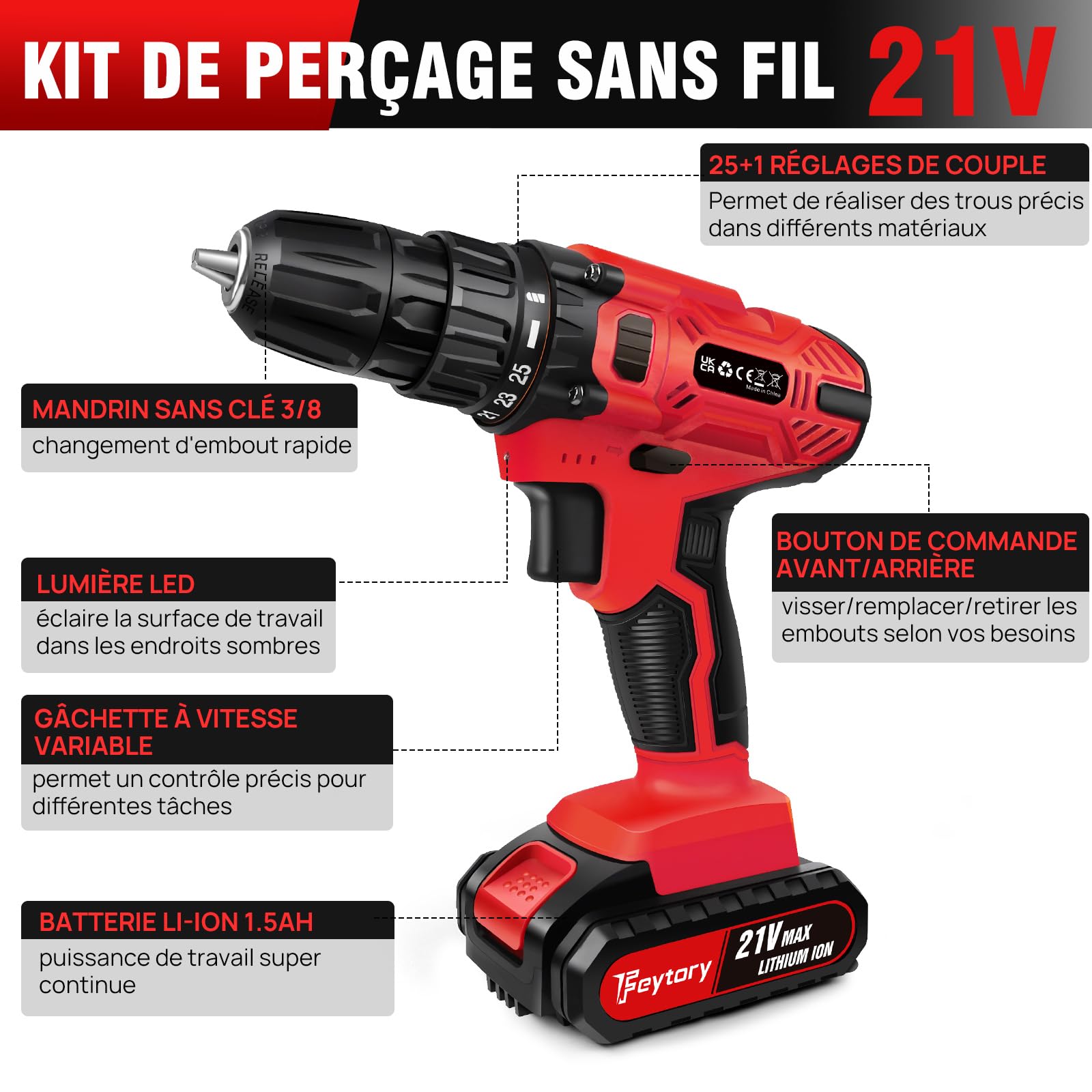Perceuse Visseuse Sans Fil, 21V Visseuse Devisseuse avec 2 Batteries, 45Nm Perceuse Percussion, 25+1 Réglages de Couple, 10mm Métal Mandrin Verrouillage, 2 Vitesses, 29 Accessoires, LED Light