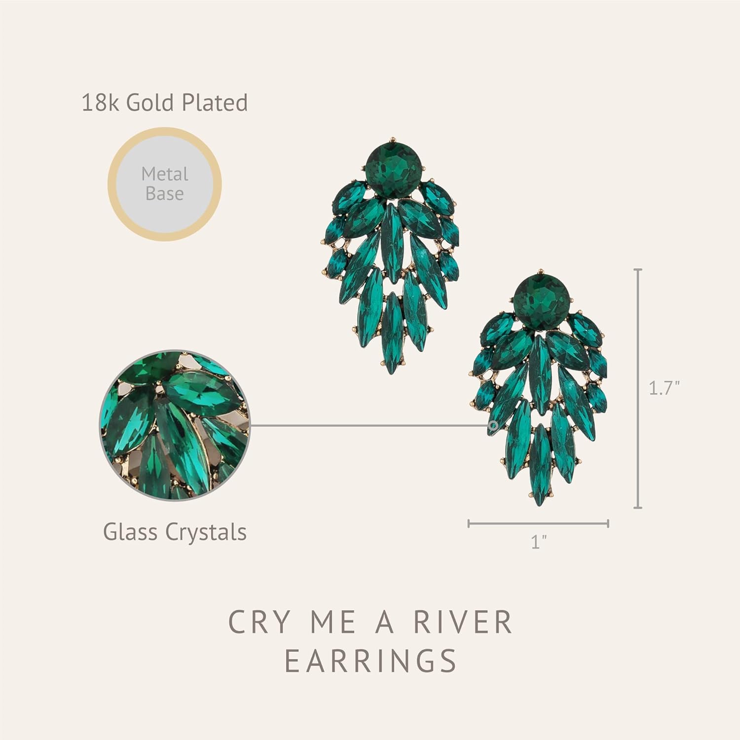 Ettika Gold Earrings. Stud Earrings For Women, Cry Me A River 18k Gold Plated Emerald Green Crystals Cluster Earrings. Jewelry, Birthday Gifts For Women