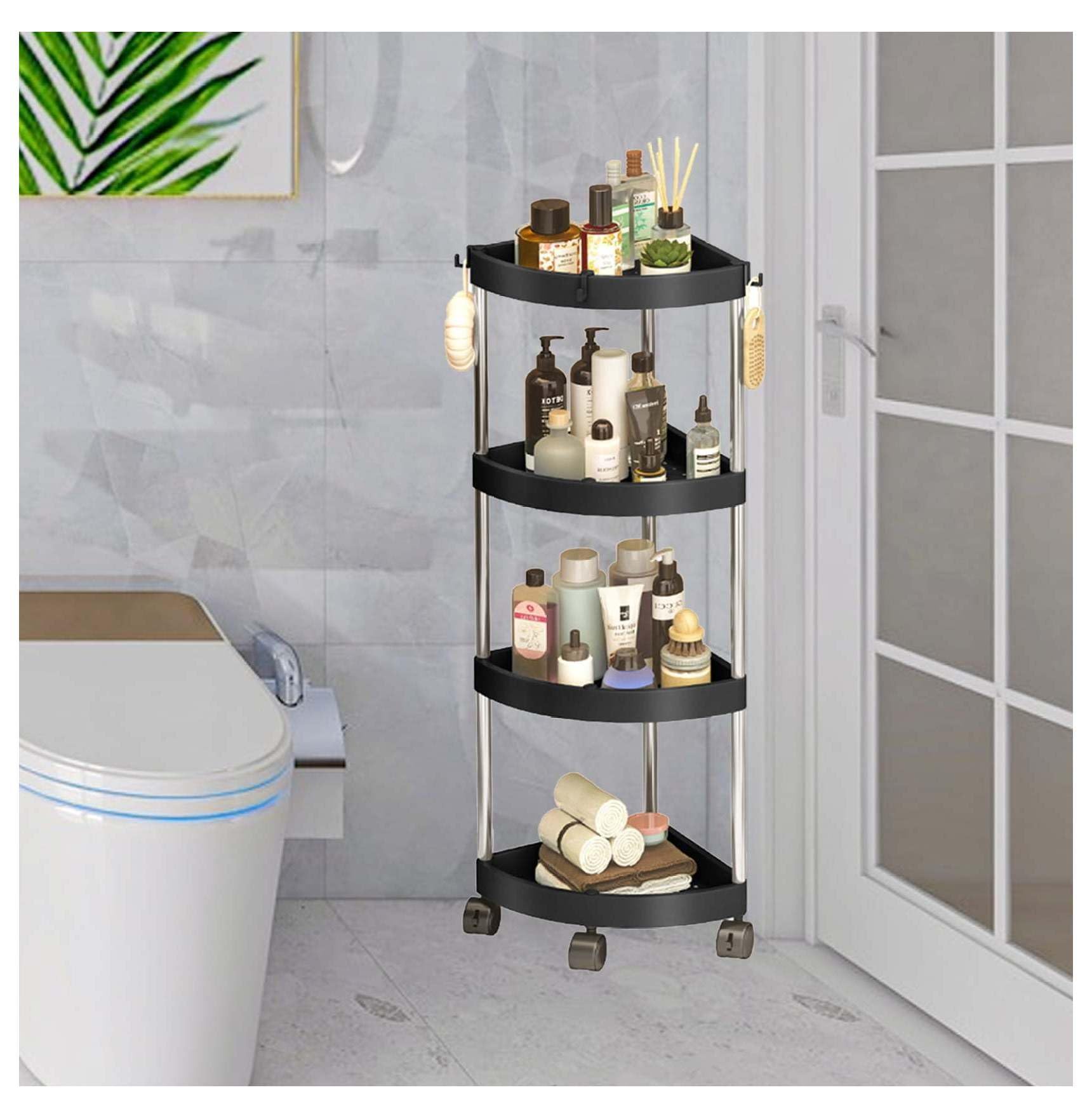 Corner Shower Caddy 4 Tier - Free Standing Organizer Stainless Steel Bathroom Shelf with Wheels Black