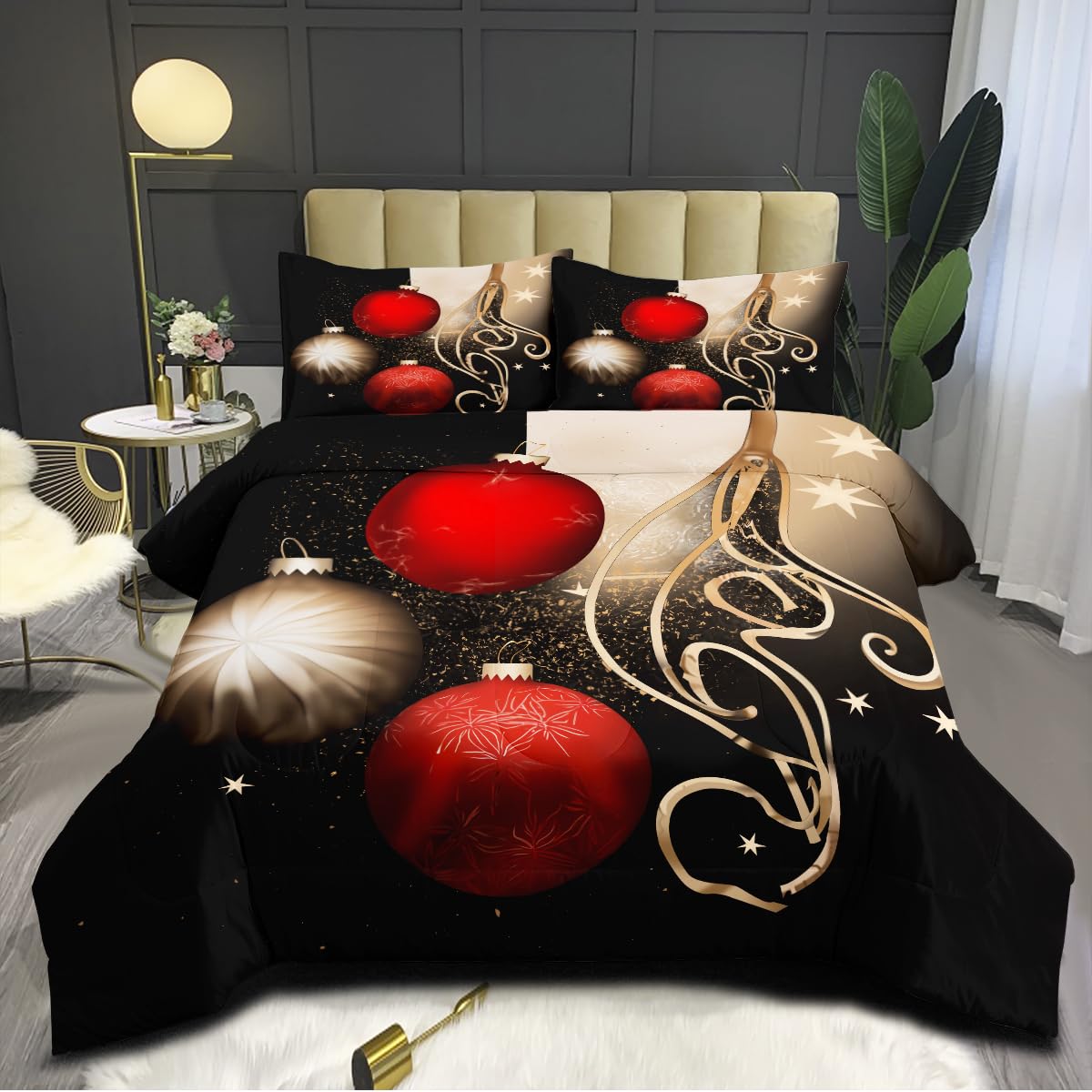 Amazon.com: CCoutueChen Christmas Comforter Set King Size, Black Gold ...