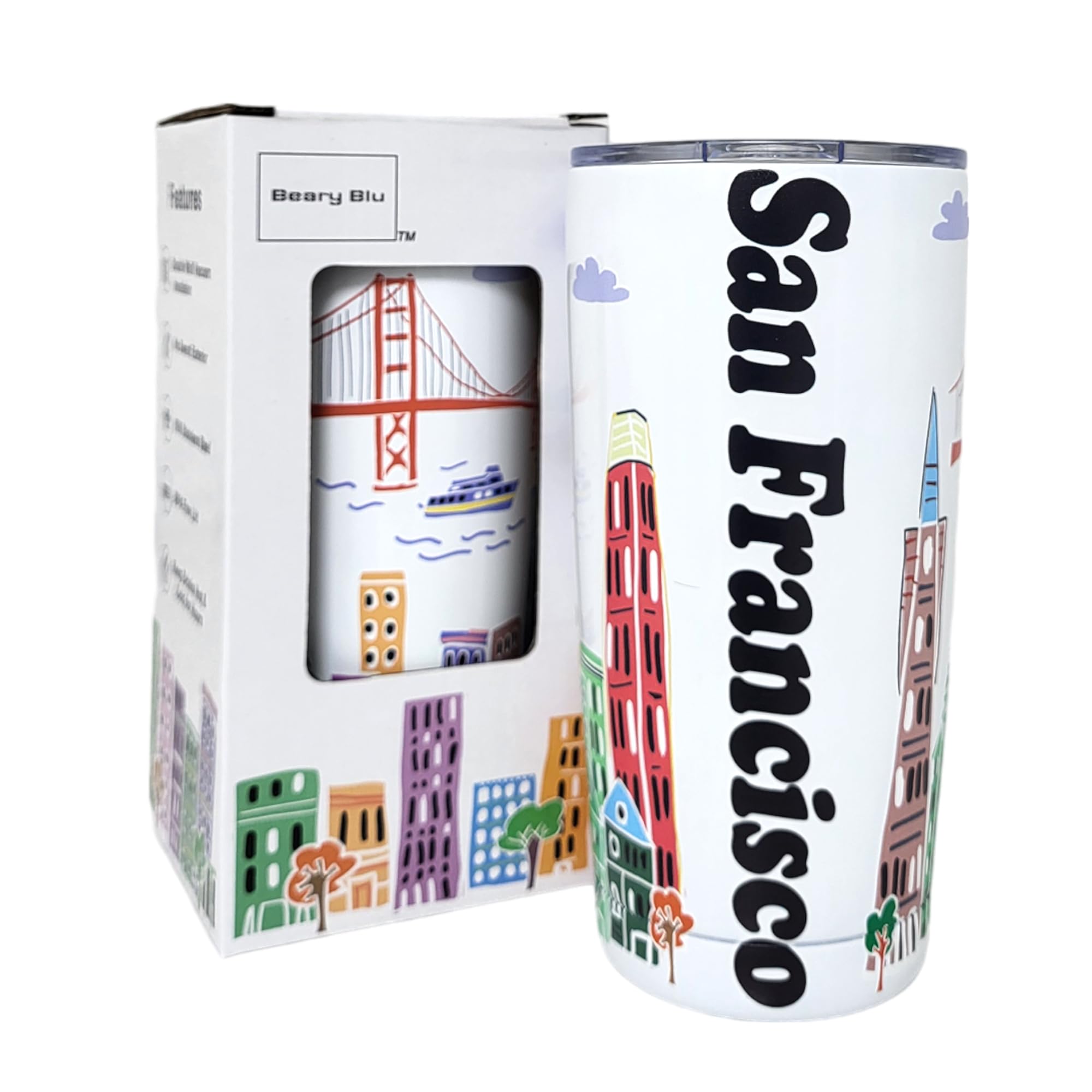 Beary Blu City Themed Artwork Tumbler Collection - Designed in the USA - 20oz Vacuum Insulated Tumbler with Lids - Stainless Steel Coffee Travel Mug