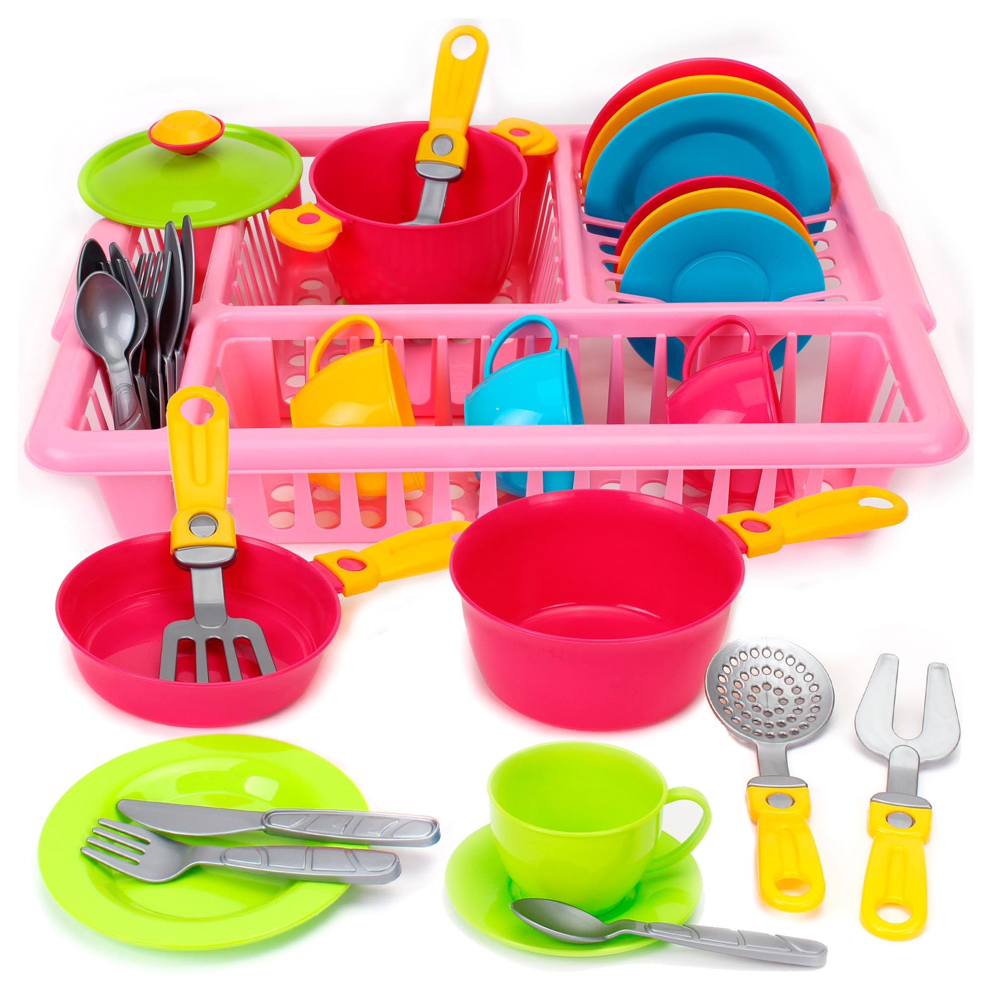 Vaisselle de jeu pour enfants | Ensemble de vaisselle de cuisine avec égouttoir | Kit de vaisselle pour jouets | Batterie de cuisine amusante et colorée | Vaisselle durable pour enfants (33