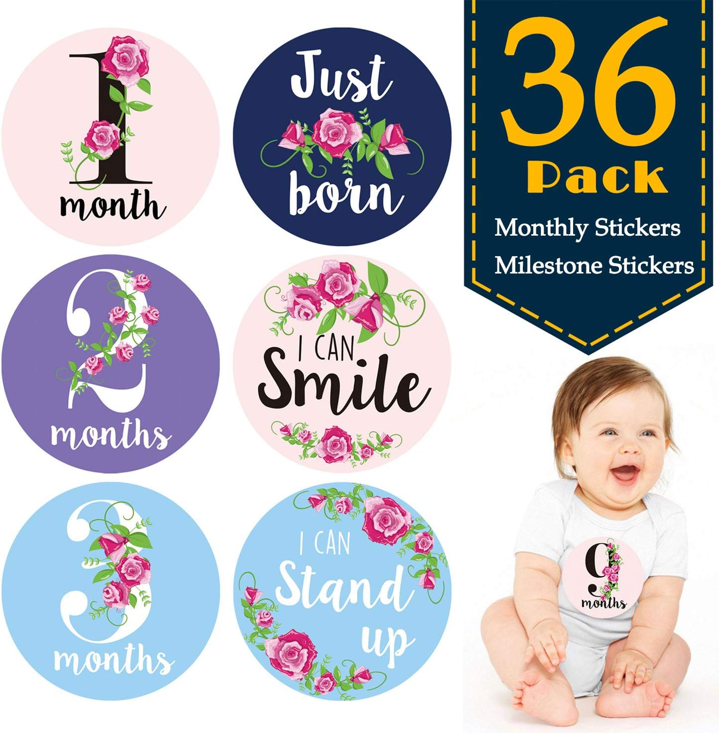 NEPAK 36 Pack Floral Baby Monthly Stickers and Milestone Stickers for Boys and Girls Gender Neutral-Best Shower Basket Present Gift-Track Your Baby's First Year Month