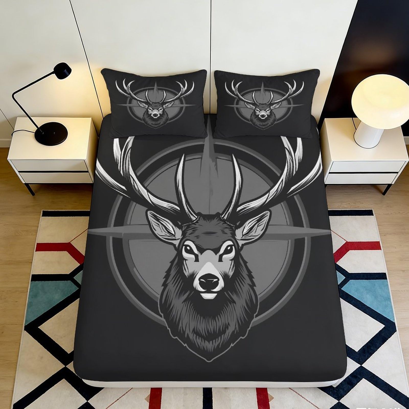 3D Printed Stag Head Fitted Sheet Microfiber Soft Black Deer Antlers Mattress Cover for Bedroom Decor Protection 90x200x25cm