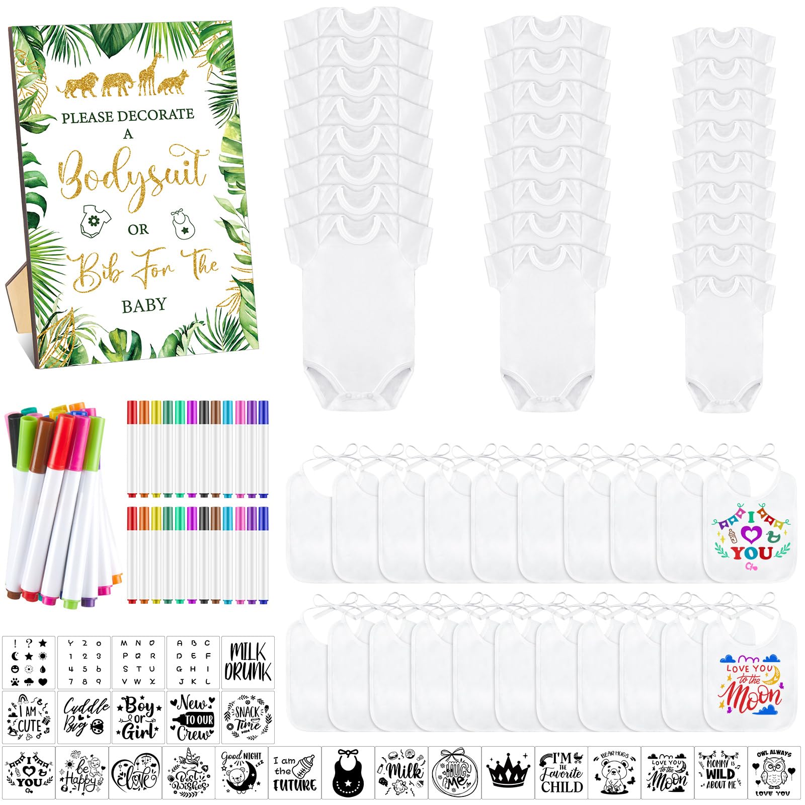 Panitay 100 Pcs Blank Bib Bodysuit Baby Shower Set Baby Shower Sign Blank Feeder Bib DIY Bodysuit Fabric Colorful Marker(Safari Animal)