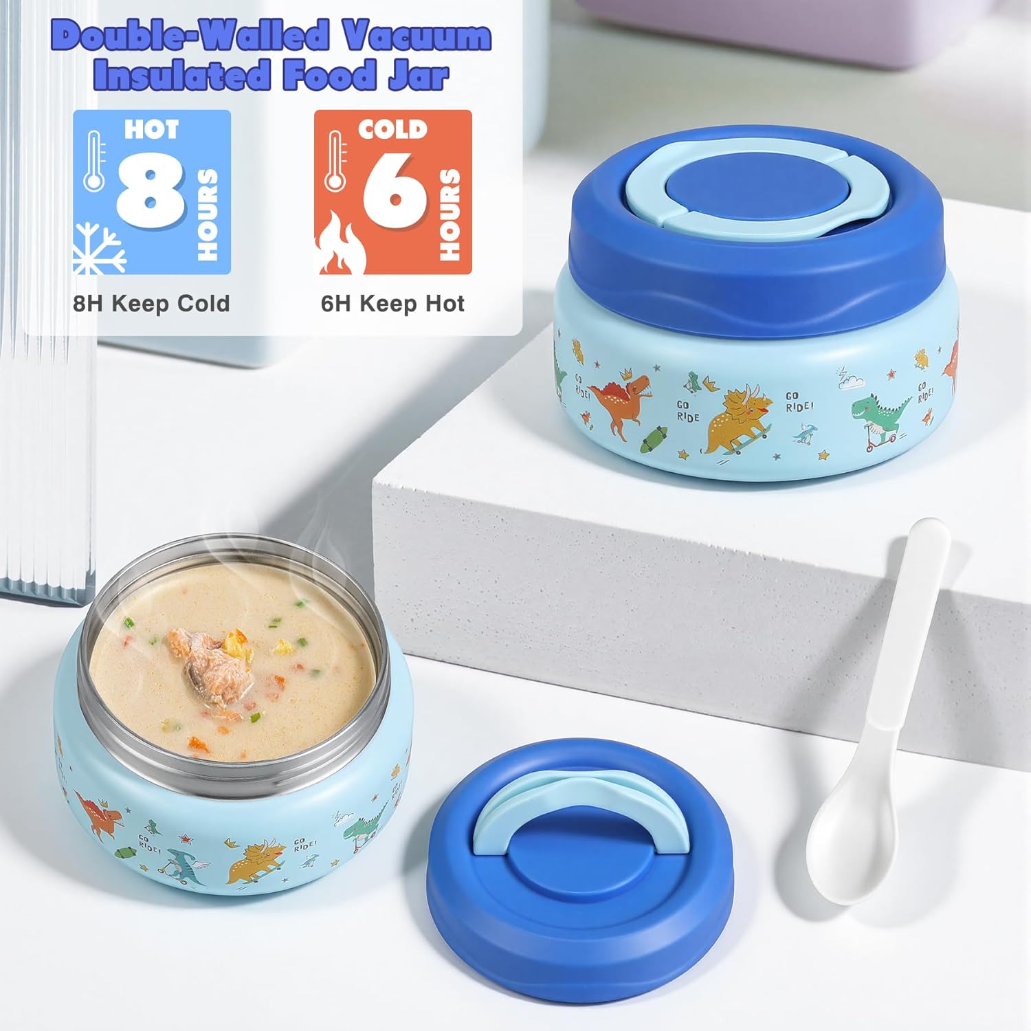 Bento Lunch Box for Kids with 7oz Soup Thermo,Insulated Stainless Steel Kids Water Bottle with Straw and Insulated Lunch Bag,Leak-Proof Lunch Food Container with Ice Pack for School (Blue-Dinosaur)
