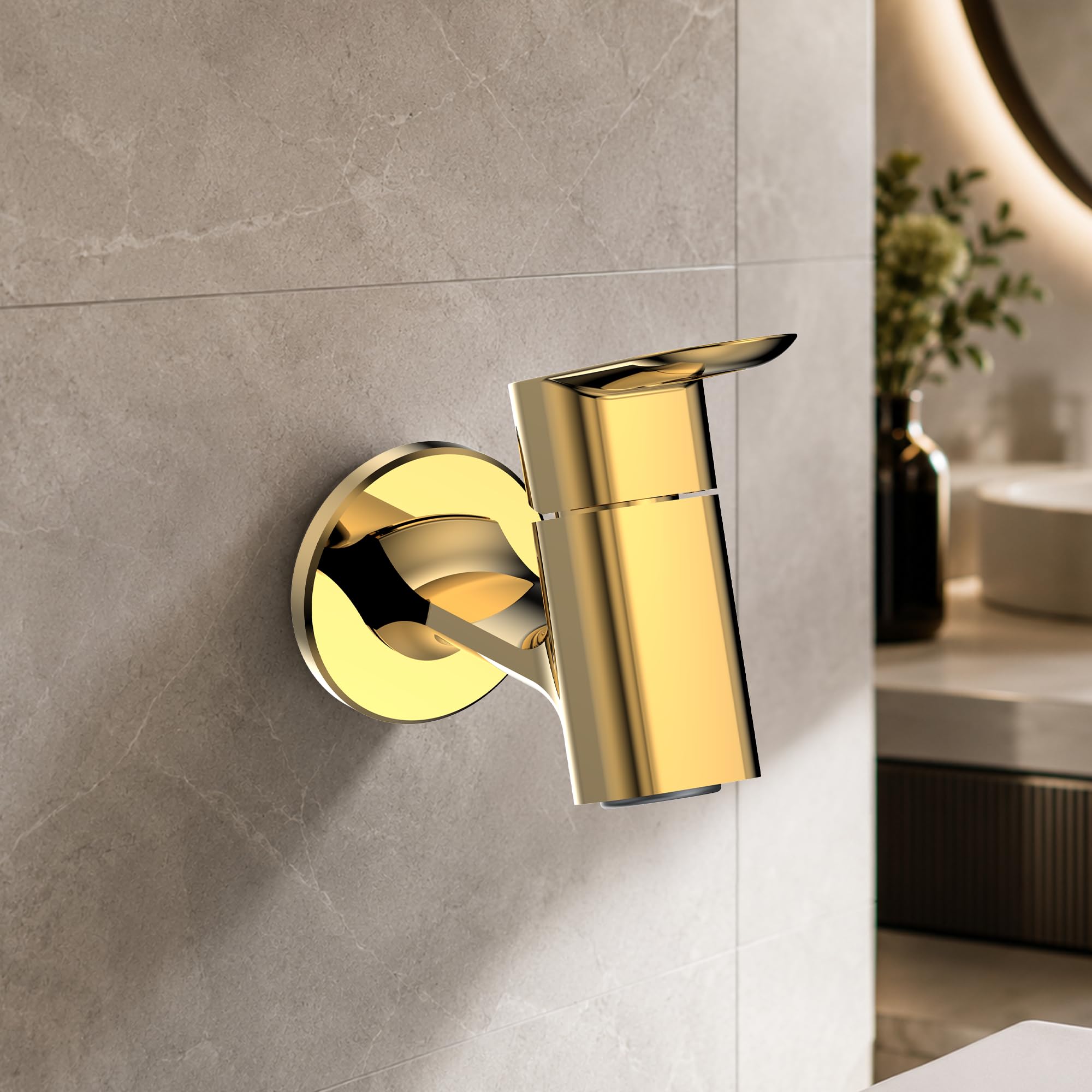 RN Bib Cock Tap | Chrome Finish Faucet with Wall Flange | Rust Resistant Brass Water Tap | Wall Mount Tap for bathrooms, Kitchens, Gardens | 10 Years Warranty (Gold, Bib Cock)-image-39