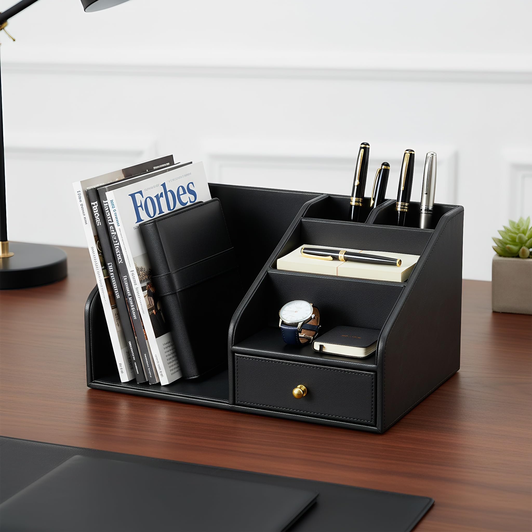 KINGFOM Organizer da scrivania in pelle PU con cassetto – Scatola portaoggetti da scrivania multi-scomparto per forniture per ufficio, posta, penne, accessori – nero e marrone Home Office Caddy (nero)