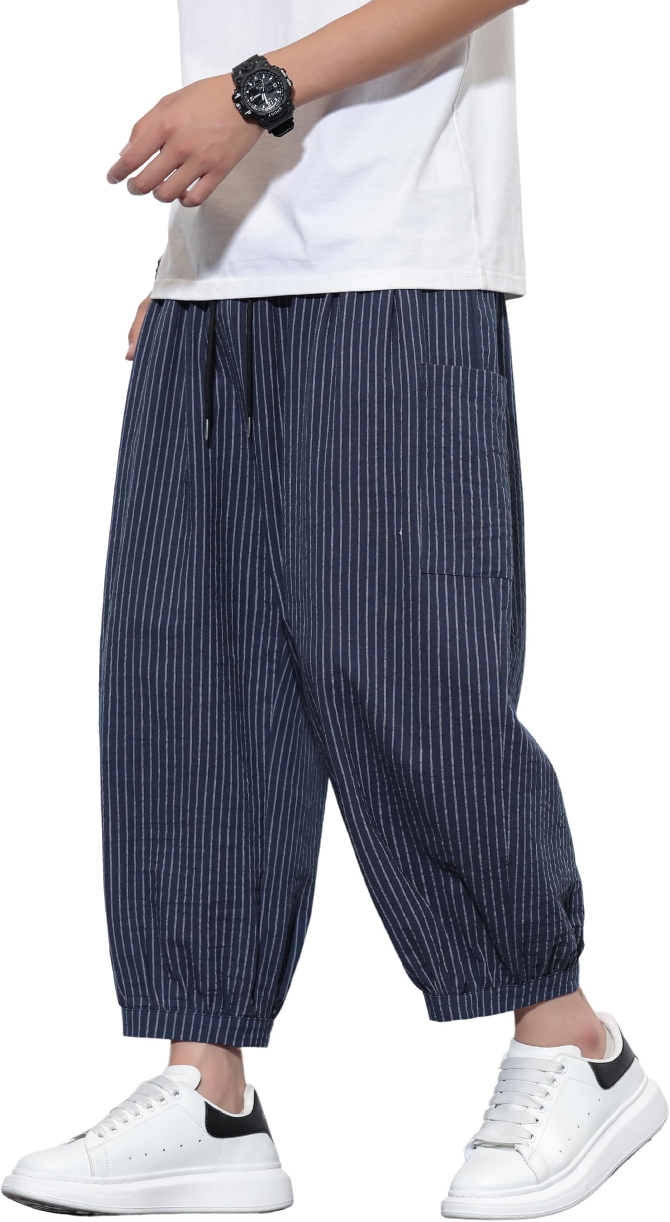 Mens Capri Pants Wide Leg Baggy Harem Pants Men Drawstring Elastic Waist 3/4 Capri Shorts Blow Knee with Pockets