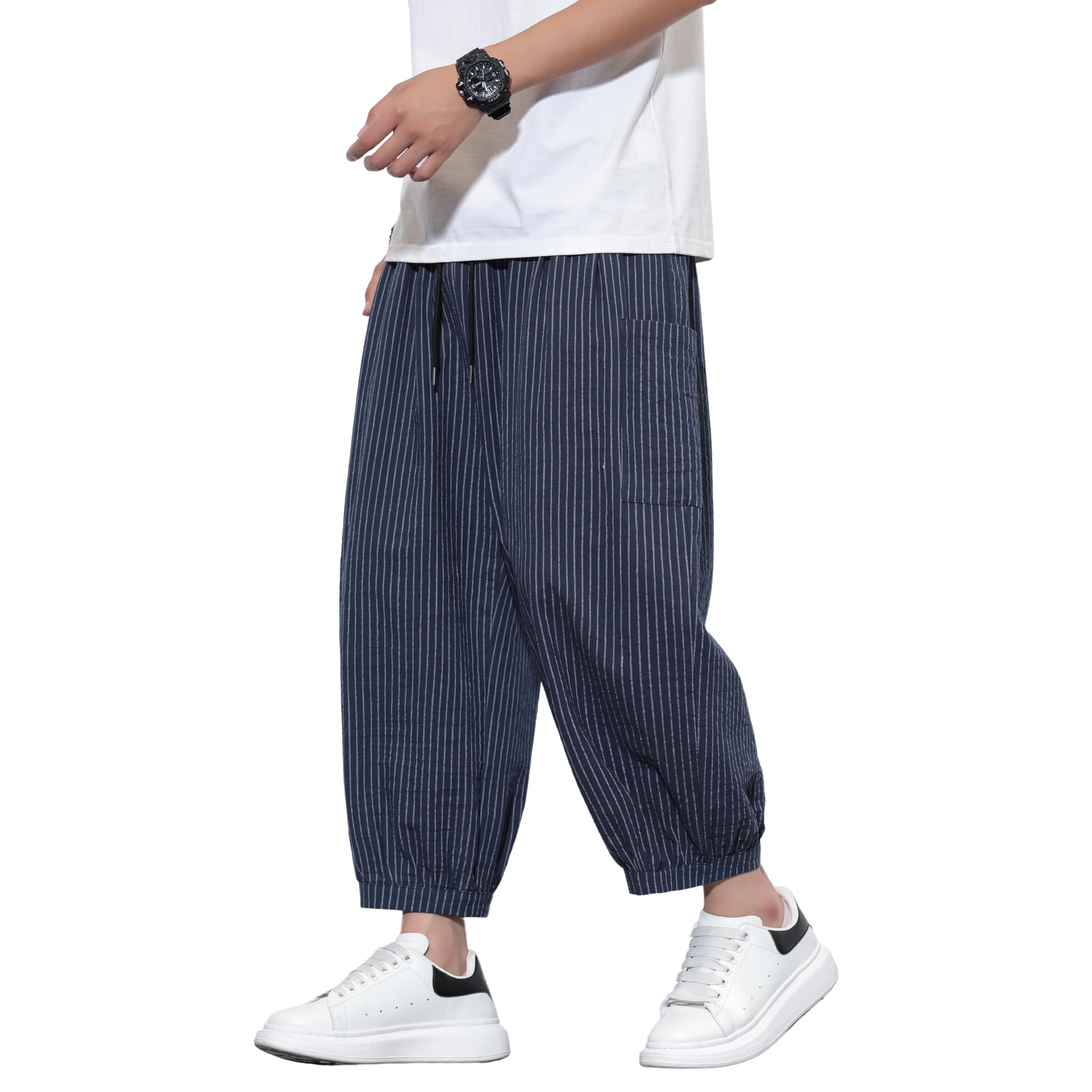 Mens Capri Pants Wide Leg Baggy Harem Pants Men Drawstring Elastic Waist 3/4 Capri Shorts Blow Knee with Pockets