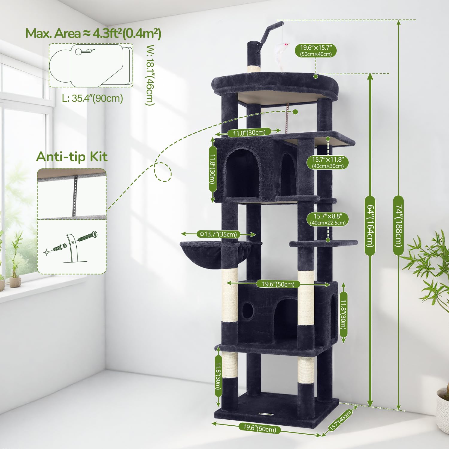 Globlazer Drapak duży, wysoki 188 cm, z dużym domkiem dla kotów, wyściełana platforma sektorowa 90°, hamak, miękki kosz, stabilny, odporny na przewrócenie, dla dużych kotów, do ciężkich zabaw do