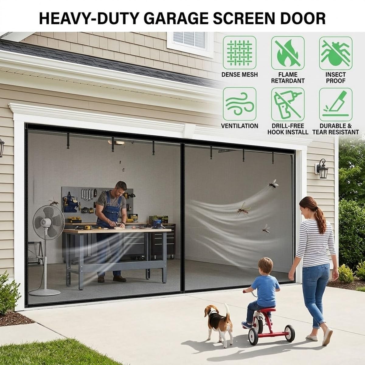 Moustiquaire de Porte de Garage Magnétique en Fibre de Verre, Rideau Anti Mouche Lourd, Moustiquaire pour Porte de Garage et Baie Vitrée, Idéal pour Atelier Balcon Animaux(Noir,300x200cm)