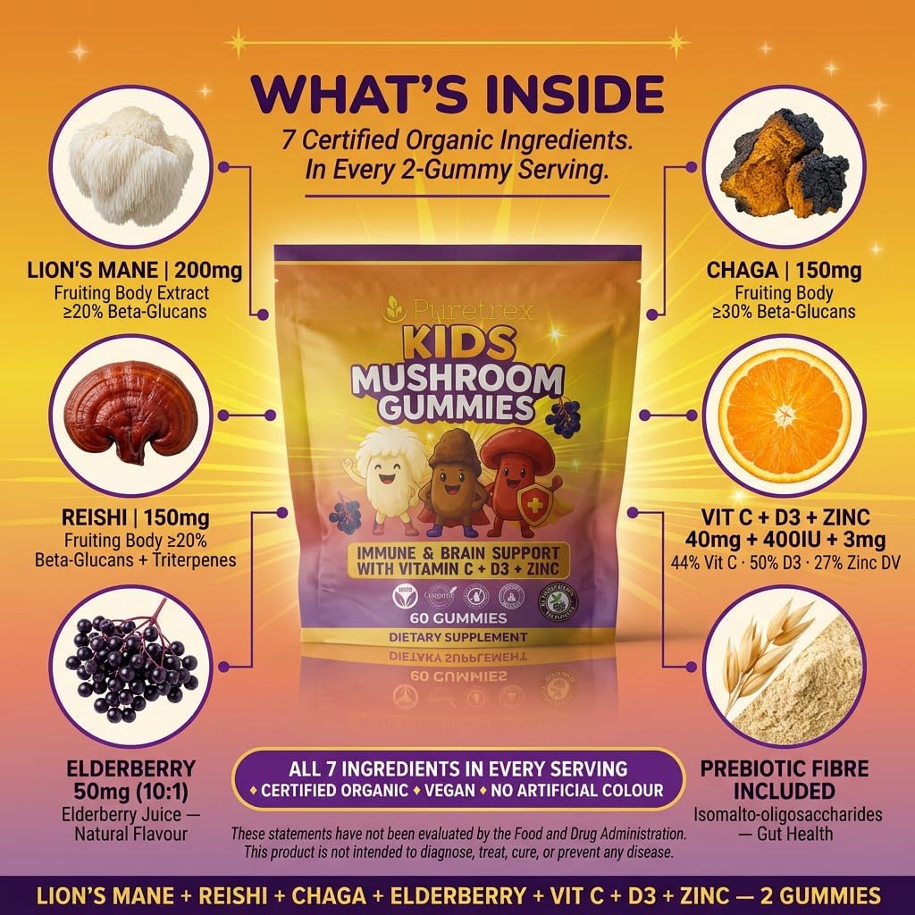 Kids Mushroom Gummies with Lion’s Mane, Reishi, Chaga, Vitamin C, D3 & Zinc | Vegan Elderberry Flavor | Sugar-Free, Non-GMO, Natural Fruiting Body Extracts | 60 Gummies for Kids Ages 4+