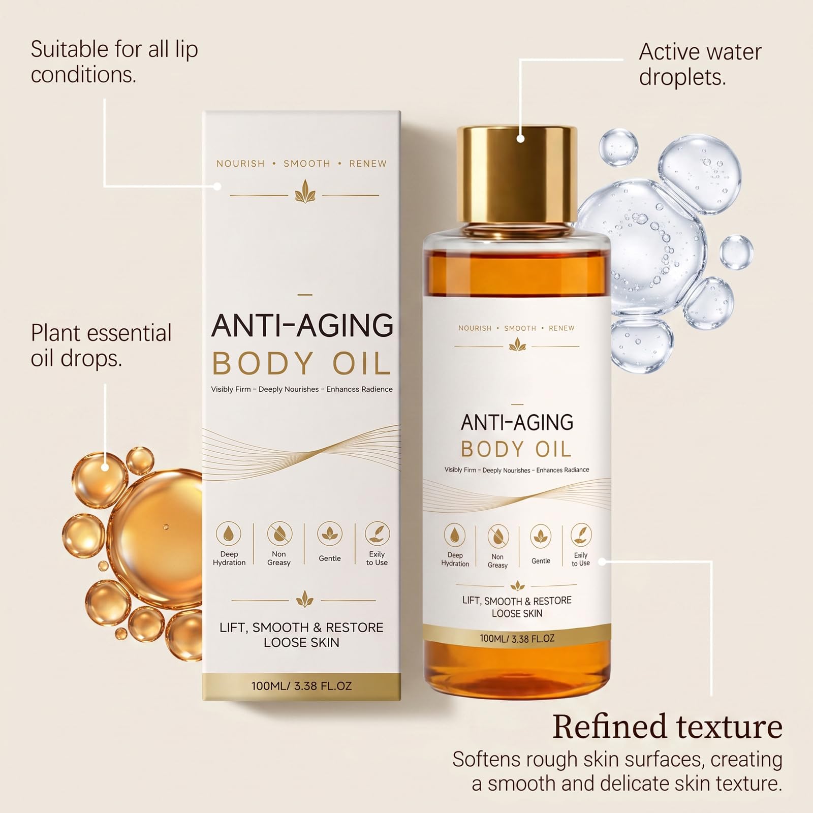 Olio per il corpo anti-invecchiamento, rassoda la pelle e dona una pelle luminosa, assorbe rapidamente, per braccia, gambe e tutto il corpo (5 pezzi)